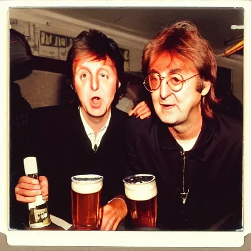 Image similar to Paul Mccartney and old John Lennon drinking beer at a dirty pub, 1990s, polaroid