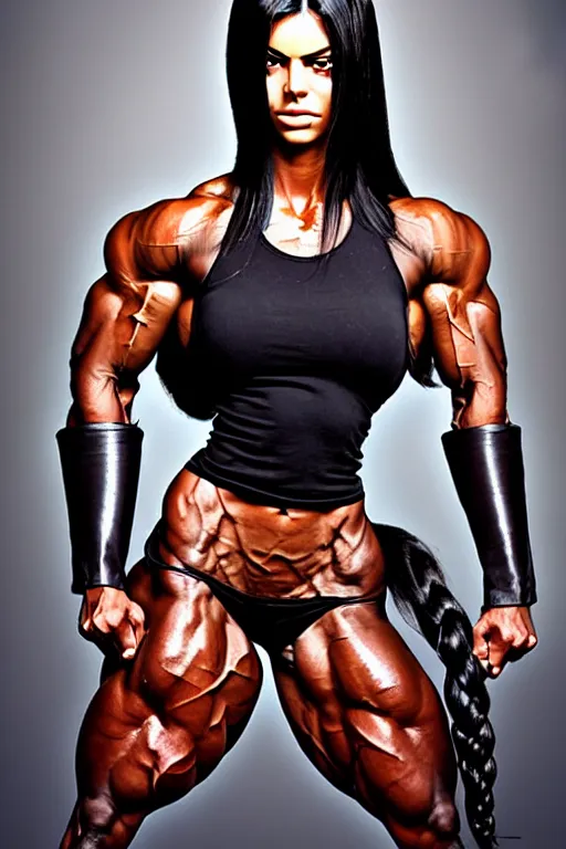 Prompt: realistic photograph. black hair single egirl streak. imposingly tall, broadshouldered, jacked muscular woman. half black half arab. dark skin. face like kendall jenner, dark complexion. modest practical tan leather armor, ranger. fully dressed. massively jacked physique, robust build, swole. in her 3 0's. female. streak in hair.