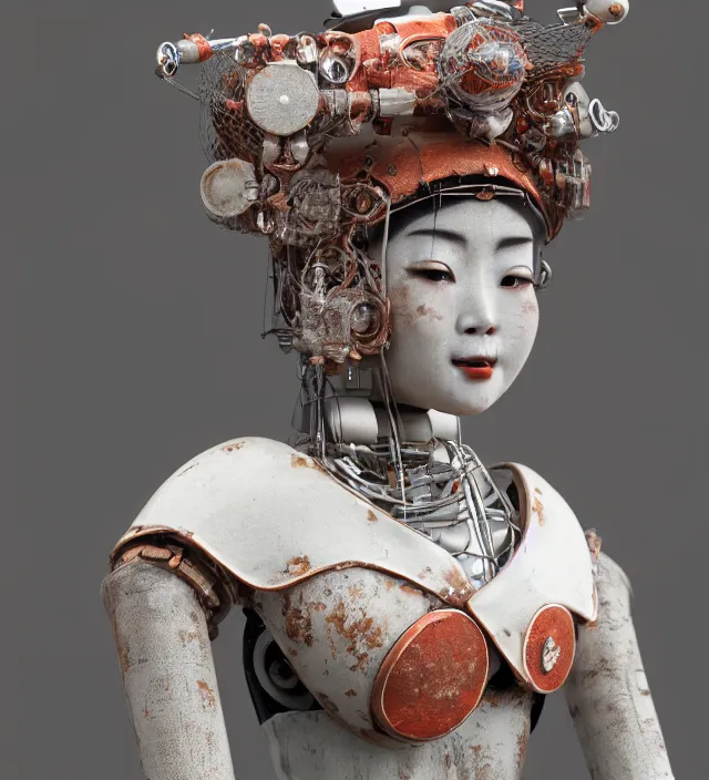 Prompt: portrait of a slightly rusty beautiful japanese robotic geisha with wires and actuators, porcelain white face, dramatic lighting, hyper - realistic, ultra - realistic, intricate details, japanese model, 8 k ultra high definition, octane render