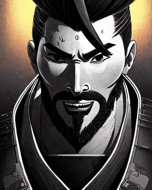 Image similar to hanzo from overwatch, character portrait, portrait, close up, concept art, intricate details, highly detailed, vintage sci - fi poster, retro future, vintage sci - fi art, in the style of chris foss, rodger dean, moebius, michael whelan, katsuhiro otomo, and gustave dore