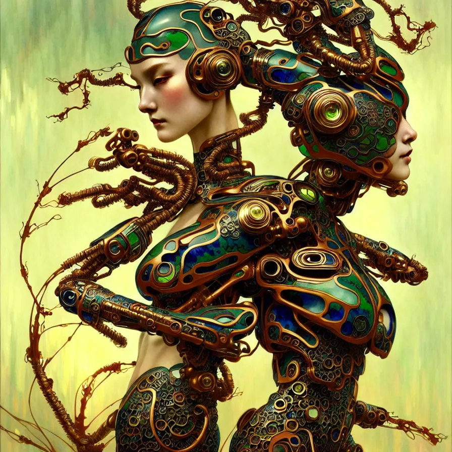 Image similar to organic cyborg, chinese cloisonne porcelain, diffuse lighting, fantasy, intricate, elegant, highly detailed, lifelike, photorealistic, digital painting, artstation, illustration, concept art, smooth, sharp focus, art by john collier and albert aublet and krenz cushart and artem demura and alphonse mucha