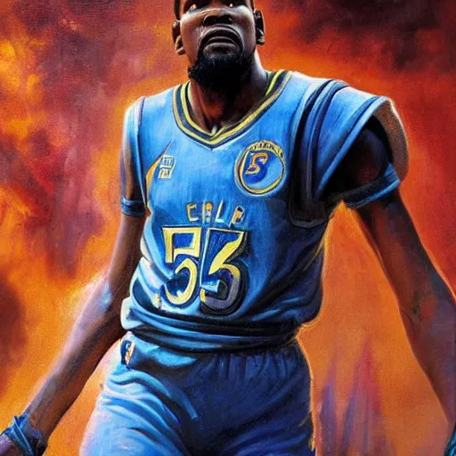 Prompt: ultra realistic portrait painting of kevin durant as master chief, art by frank frazetta, 4 k, ultra realistic, highly detailed, epic lighting