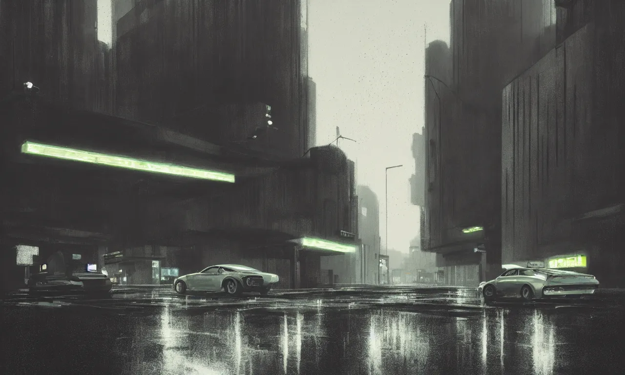 Image similar to high resolution photograph, streetscape, simple brutalist architecture, metal, concrete, wet streets, white neon lights, neon signs, flying cars, pedestrians, greg rutkowski, syd mead, ralph mcquarrie, concept art, matte painting, finely detailed, minimal artifacts, rule of thirds, dynamic lighting, cinematic, denoised, centered, artstation