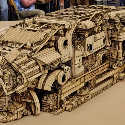 Image similar to mechanical tirex in urbanistic wood, hyperrealistic, style of james gurney