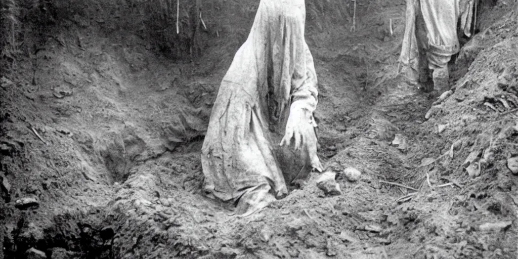 Image similar to scary unproportionable tall ghost creature in the middle of a trench, ghost, 1900s picture