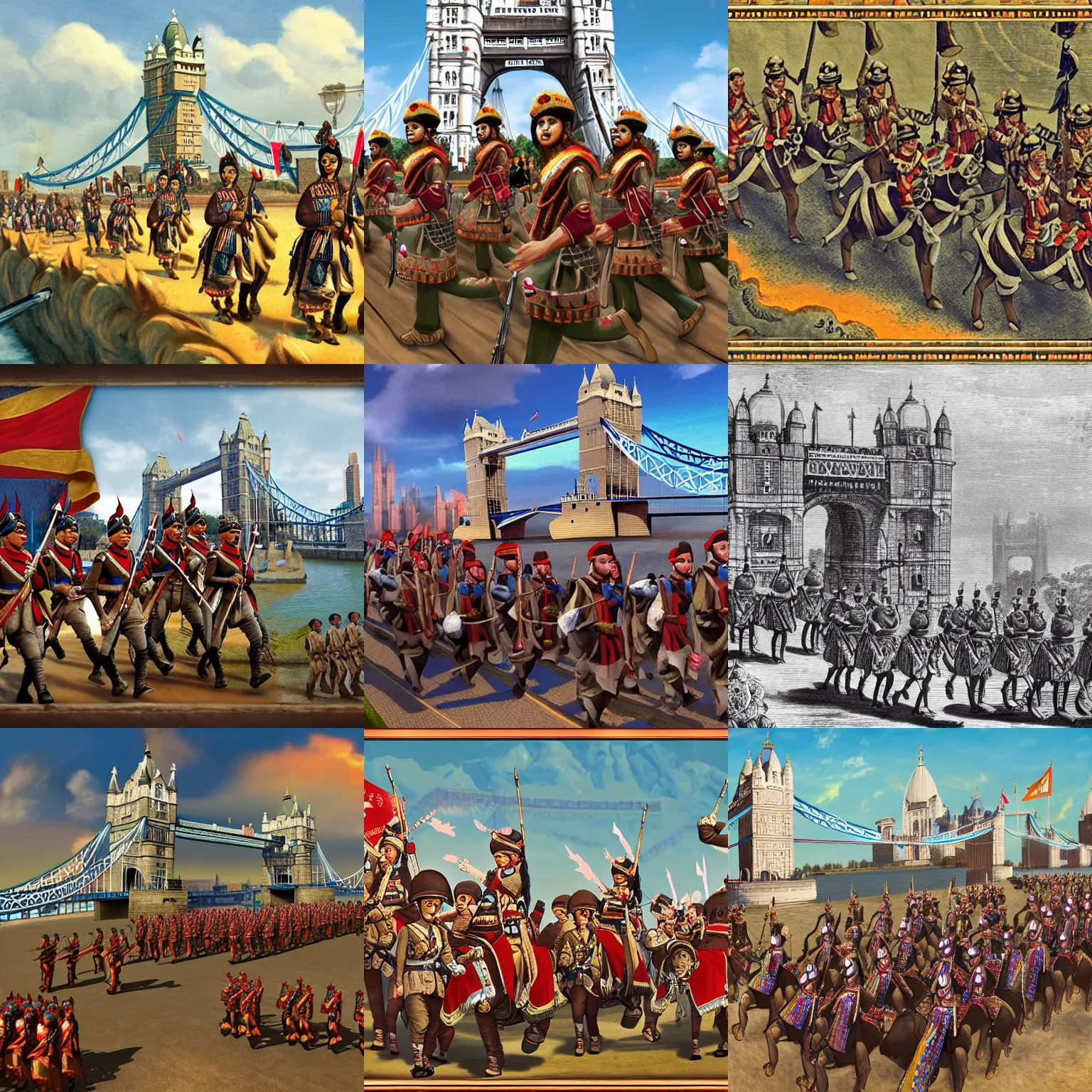 Prompt: Indian girl soldiers on war elephants march over Tower Bridge toward London, 1647, alternate history, loading screen art for the game 'Europa Universalis 4