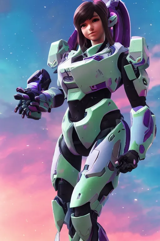 Image similar to character design d. va from overwatch in a spartan mjolnir mkv armor from halo. halo reach. with two pistols, akimbo. halo 3 poster style background. render style. 8 k. realistic