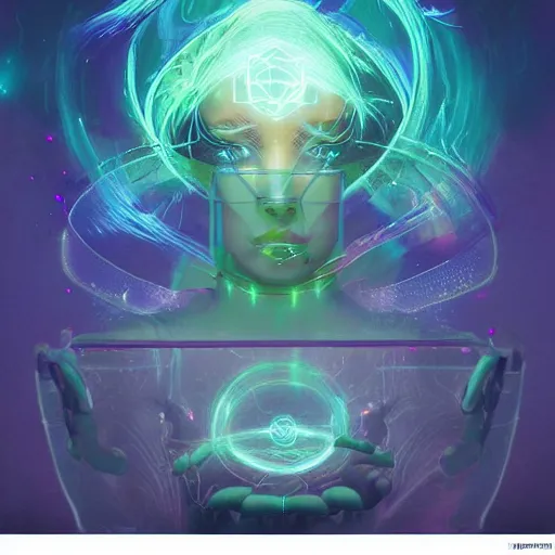 Image similar to intricate holographic quantum ghostwave entanglement goth girl made of microcircuitry and transistors in a glowing deap sea by peter mohrbacher and dan mumford, trending on artstation, cgsociety 4 k