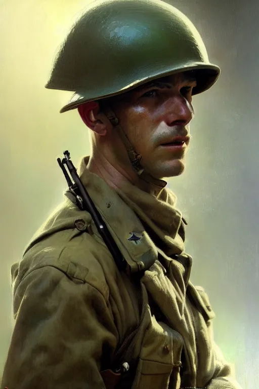 Image similar to hyperrealist portrait of a ww 2 soldier by jeremy mann and alphonse mucha, photo realistic, dynamic lighting, artstation, poster, volumetric lighting, very detailed faces, 4 k, award winning