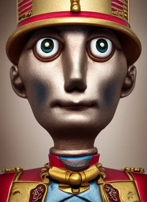 Image similar to closeup portrait of tin toy napoleon bonaparte, depth of field, zeiss lens, detailed, symmetrical, centered, fashion photoshoot, by nicoletta ceccoli, mark ryden, lostfish, earl nore, hyung tae, frank frazetta, breathtaking, 8 k resolution, extremely detailed, beautiful, establishing shot, artistic, hyperrealistic, octane render