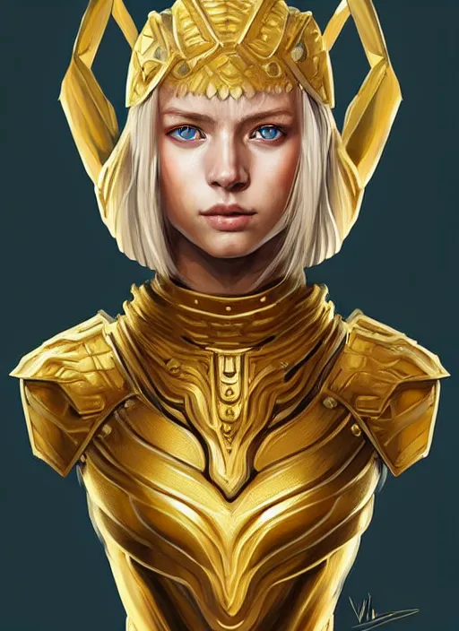 Prompt: golden armor full - body portrait of slavic young woman warrior, front, symmetrical, extremely detailed face, beautiful face, blonde hair, blue eyes, digital painting, true anatomy, by valerian city of a thousand planets, by ruan jin #, by mandy jurgens #, by artgerm #, william - adolphe bouguerea #