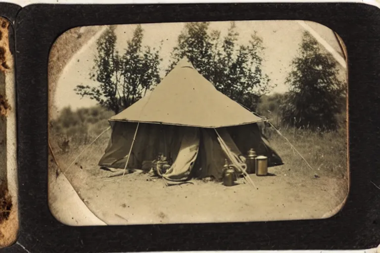 Image similar to tintype photo of a campsite with bonfire