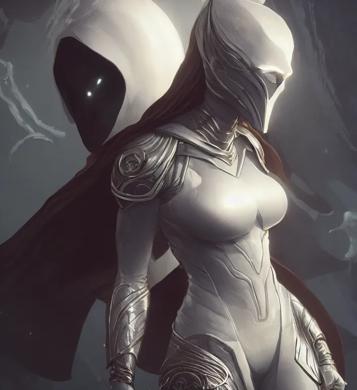 Image similar to female moon knight, hyper detailed, digital art, trending in artstation, cinematic lighting, studio quality, smooth render, unreal engine 5 rendered, octane rendered, art style by klimt and nixeu and ian sprigger and wlop and krenz cushart