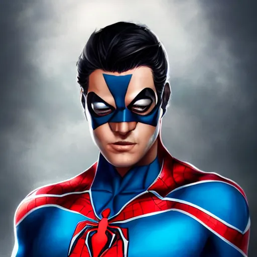 Prompt: characters portrait of Nightwing mixed with Spiderman by ArtGerm and Tom Bagshaw, merged character, 4k, highly detailed, cinematic lighting