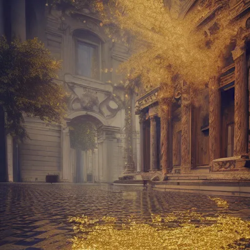 Image similar to 8k, octane render, realism, tonalism, renaissance, rococo, baroque, empty renaissance park, chaotic gold leaf flowers