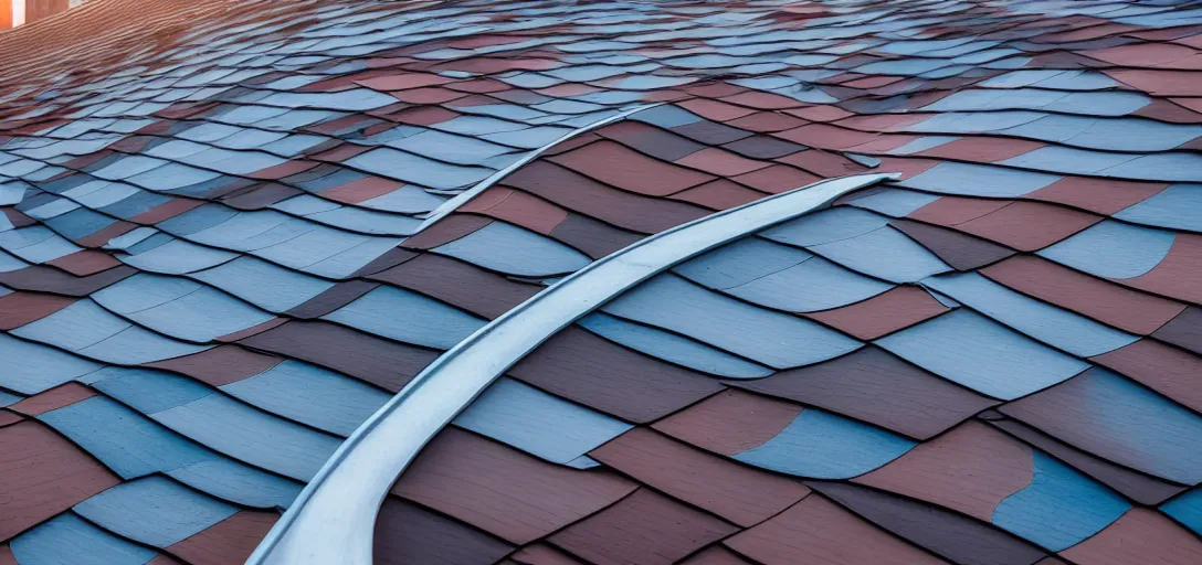 Prompt: curved roof planes lift and descend creating shade and architectural expression, situated on a rooftop in manhattan, highly detailed, vivid color, high resolution photography, mist, dusk