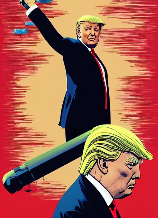 Prompt: highly detailed poster artwork by Michael Whelan and Tomer Hanuka, of Donald Trump, clean