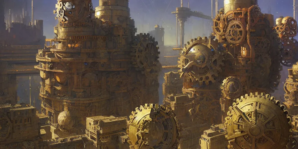 Image similar to giant interlocked gears cogs, giant geometric mechanisms floating in space, industry, villages castles, buildings vista artstation illustration sharp focus vista painted by ruan jia raymond swanland lawrence alma tadema zdzislaw beksinski norman rockwell tom lovell alex malveda greg staples