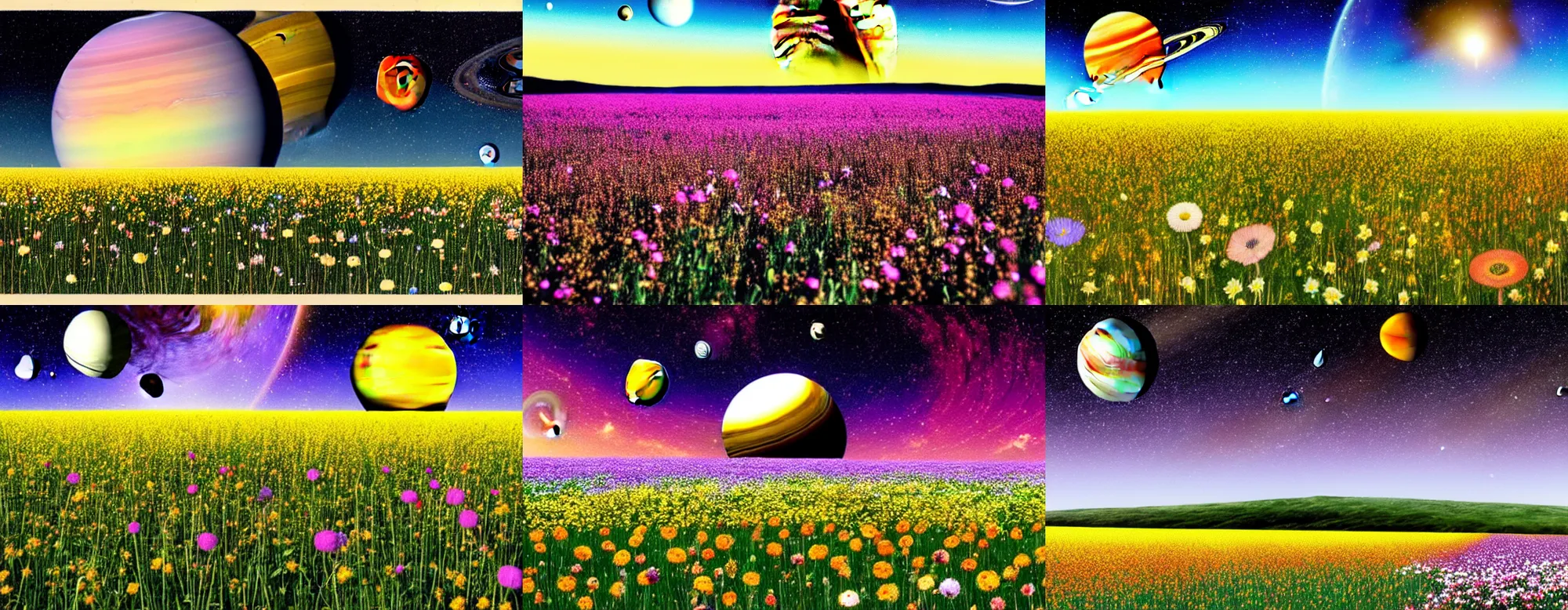 Image similar to Field of flowers with the planet Saturn in sky above