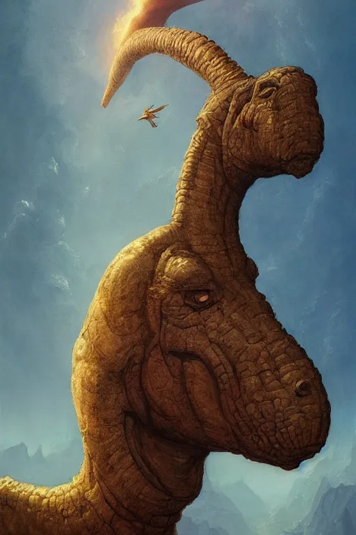 Prompt: portrait of brontosaurus by Peter Mohrbacher and Peter Gric, volumetric lighting, good composition, trending on artstation, polarizer filter, in the golden hour