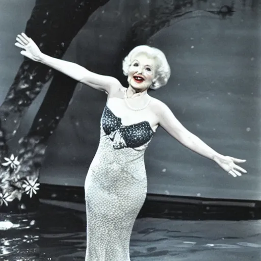 Prompt: Betty White as a mermaid, performing on an underwater stage