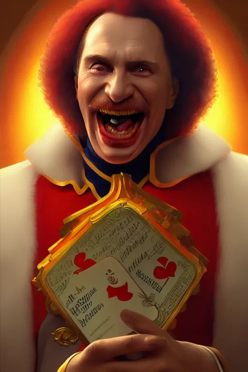 Image similar to vladimir putin as ronald mcdonald, closeup, d & d, fantasy, intricate, elegant, highly detailed, digital painting, artstation, concept art, matte, sharp focus, illustration, hearthstone, art by artgerm and greg rutkowski and alphonse mucha