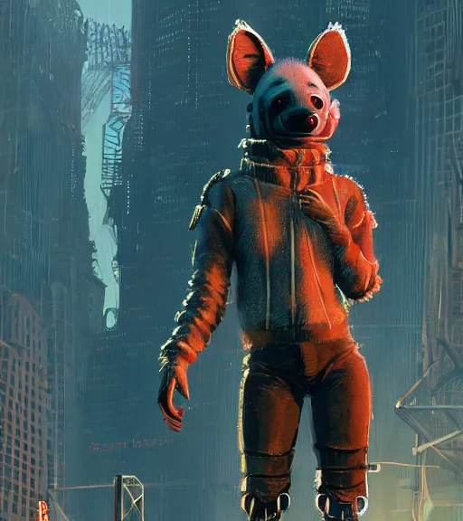 Image similar to new york city portrait of furry anthro anthropomorphic spotted hyena head animal person fursona wearing clothes strange cybernetic muzzle gloomy rainy screenshot from the video game cyberpunk 2077 digital art by Greg Rutkowski, Simon Stalenhag, christopher nolan trending on Artstation, CGSociety