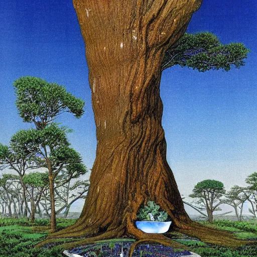 Image similar to a large tree growing from a quartz crystal floating in soace, by moebius