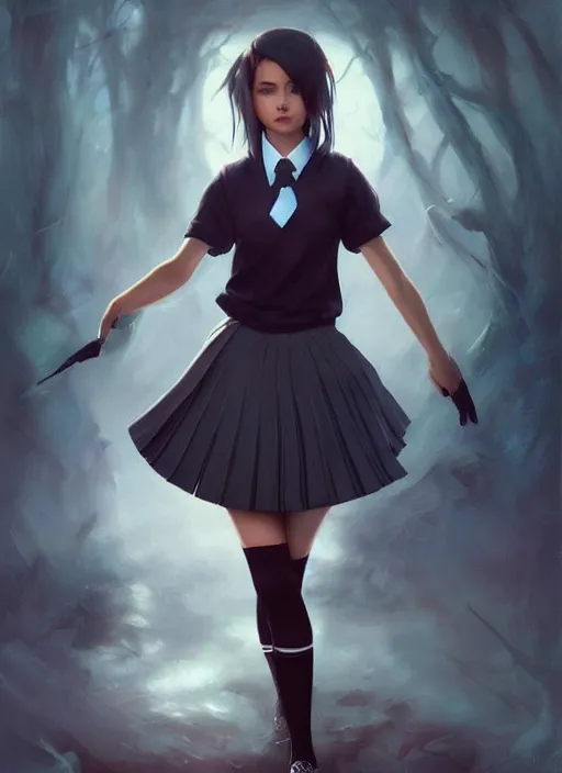 Image similar to a beautiful woman with school uniform, seifuku, pleated miniskirt, overknee socks, adriana lima, painted by artgerm and tom bagshaw, fantasy art, dramatic lighting, highly detailed oil painting, volumetric lighting