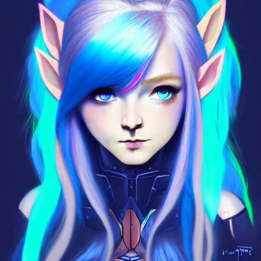 Image similar to art championship winner trending on artstation portrait of a goddess elven mecha warrior princess, head and shoulders, blue hair, matte print, pastel neon, cinematic highlights, lighting, digital art, cute freckles, digital painting, fan art, elegant, pixiv, by Ilya Kuvshinov, daily deviation, IAMAG, illustration collection aaaa updated watched premiere edition commission ✨✨✨ whilst watching fabulous artwork \ exactly your latest completed artwork discusses upon featured announces recommend achievement