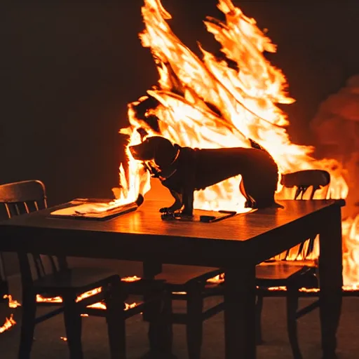 Image similar to a photograph of a big fire on a dining room on fire, only remains a wooden table and a chair, an human-like relaxed dog sitting at this table, ☕ on the table, surrounded by flames, a lot of flames behind the dog, black smoke instead of the ceiling