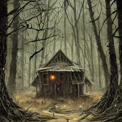 Image similar to deep into the witchwood forest swamp, crows, decay, hut, detailed intricate ink illustration, dark atmosphere, detailed illustration, hd, 4k, digital art, overdetailed art, concept art, by greg rutkowski, by loish, complementing colors, Trending on artstation, deviantart