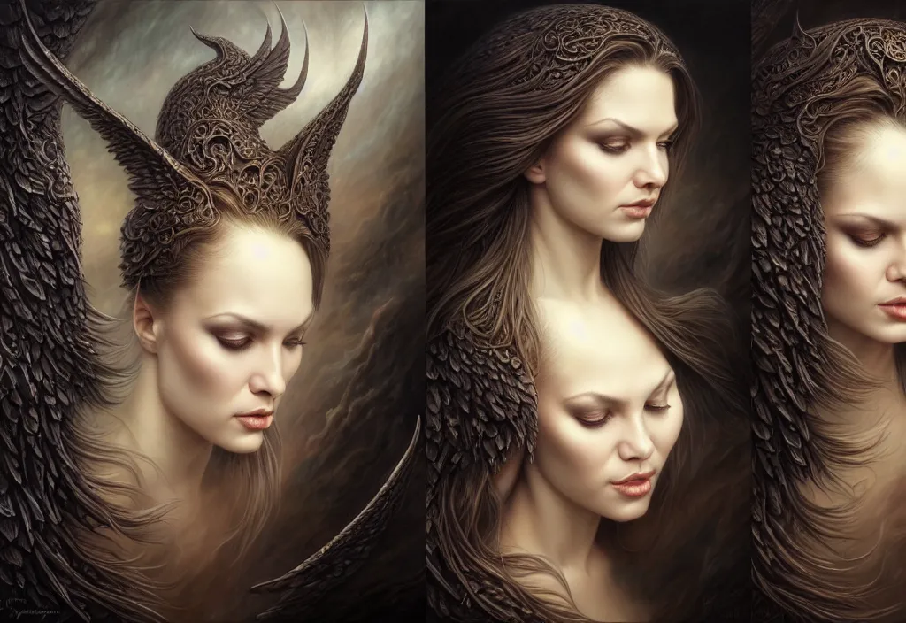 Image similar to picture split from the middle with an border, evil angels with different backrounds, intricate, elegant, highly detailed, realistic hair, centered, digital painting, art station, conceptual art, soft, sharp focus, illustration, artwork, artgerm, tomasz alen kopera, donato giancola, wlop, boris vallejo