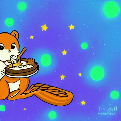 Image similar to a squirel in space eating a cheesecake, digital art