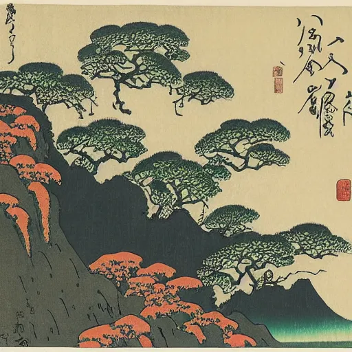 Prompt: painting of a lush natural scene on an alien planet by katsushika hokusai. beautiful landscape. weird vegetation. cliffs and water.