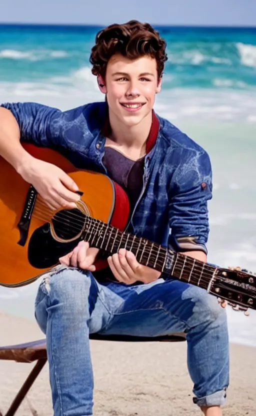 Prompt: Shawn Mendes en la playa tocando la guitarra