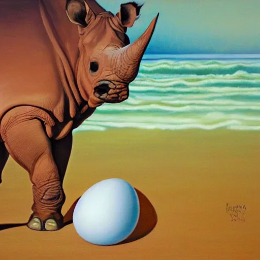 Image similar to oil on canvas of, rhinoceros hatching an egg in hawaii