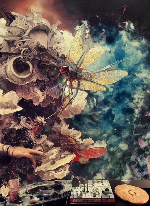Prompt: surreal gouache painting, by yoshitaka amano, by ruan jia, by Conrad roset, by good smile company, detailed anime 3d render of a magical Dragonfly flying over a Mushroom on a DJ Mixer, Vinyl deck, controller, portrait, cgsociety, artstation, rococo mechanical and Digital and electronic, dieselpunk atmosphere