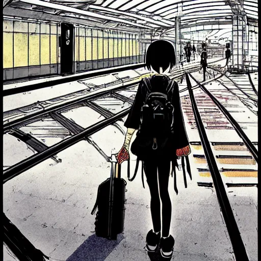 Prompt: Anime Summer girl on train station by Tsutomu Nihei