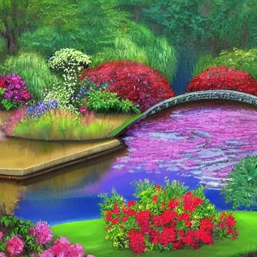 Image similar to a bridge over a pond in a garden filled with flowers, a digital rendering by cherryl fountain, featured on cg society, cloisonnism, enchanting, vivid colors, rich color palette