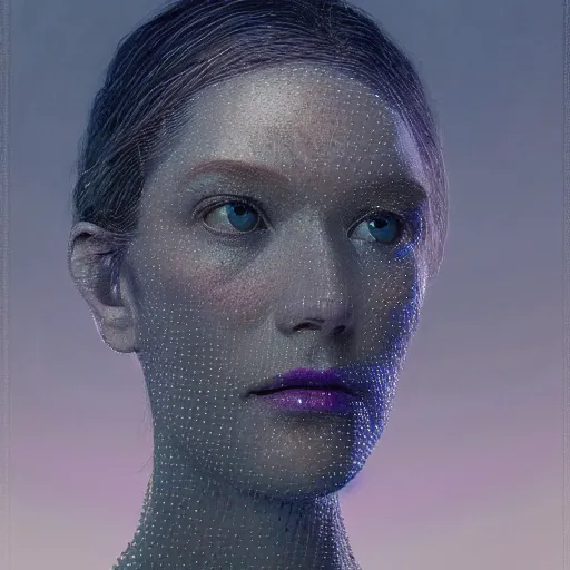 Image similar to Woman's portrait, crystals, flat background, glowing, wires everywhere, by Edgar Maxence and Ross Tran, Zdzisław Beksiński, and Michael Whelan, distant, gustav dore, H.R. Giger, 8k, octane render