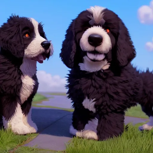 Prompt: a wholesome animation key shot of a black bernedoodle puppy, studio ghibli, pixar and disney illustration, sharp, rendered in unreal engine 5, anime key art by greg rutkowski, bloom, dramatic lighting