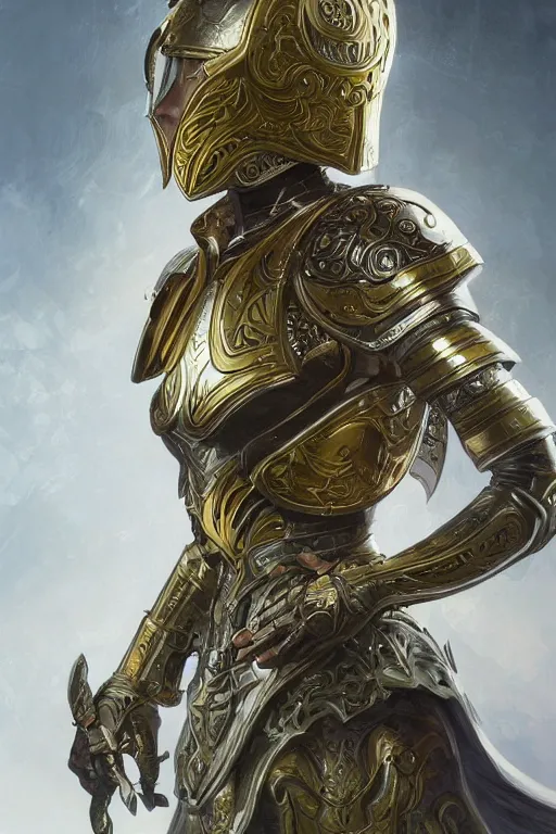 Image similar to attractive young female, ornate metallic helmet, battle armor, olive skin, long dark hair, beautiful bone structure, intricate, elegant, highly detailed, digital painting, artstation, concept art, smooth, sharp focus, illustration, art by artgerm and greg rutkowski and alphonse mucha