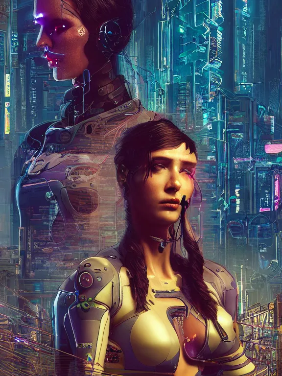 Image similar to a cyberpunk 2077 illustration half body portrait of two veiled female android queen pray with complex mess of cables and wires behind them connected to giant computer, film lighting, by laurie greasley,Lawrence Alma-Tadema,William Morris,Dan Mumford, trending on atrstation, full of color, mythological, high detailed,golden ratio,cinematic lighting