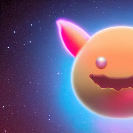 Image similar to an alien with a face that looks like a fuzzy peach the peach is fuzzy pink warm and ripe the alien has horns and a mean smile, 4k, highly detailed, high quality, amazing, high particle effects, glowing, majestic