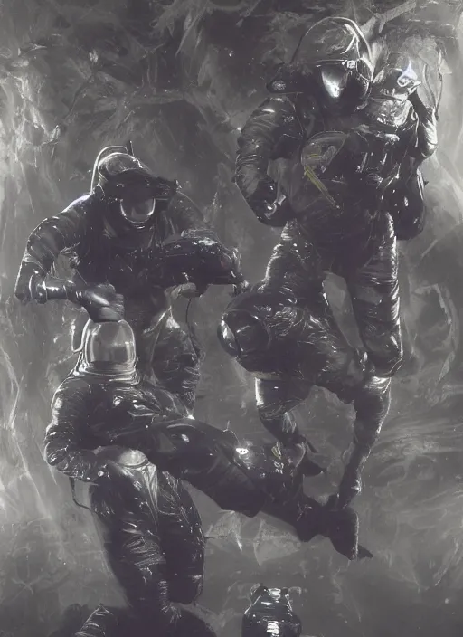 Image similar to astronauts in dark void underwater - complex and hyperdetailed technical suit. reflection and dispersion materials. rays and dispersion of light. volumetric light. f / 3 2. noise film photo. flash photography. ultra realistic, wide angle. poster by wayne barlowe, hajime sorayama aaron horkey, craig mullins