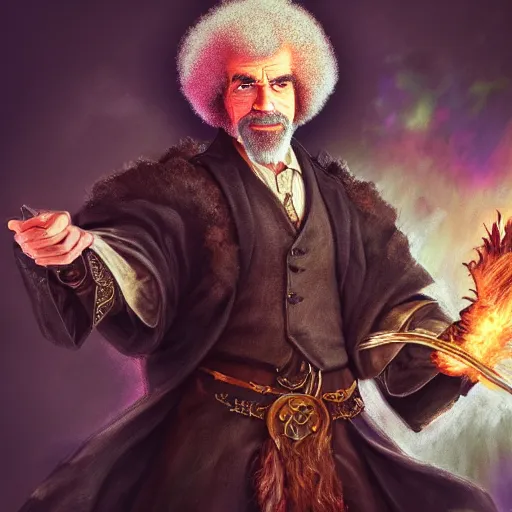 Image similar to a portrait of a Bob Ross as a warlock ,Grim fantasy, D&D, HDR, natural light, shoulder level shot, dynamic pose, award winning photograph, Mucha style 4k,