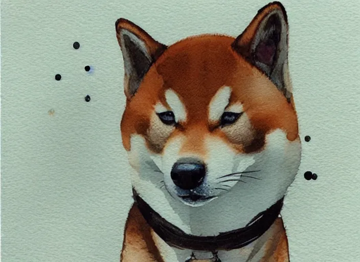 Prompt: shiba inu, pinterest, artstation trending, behance, watercolor, by coby whitmore, silver, laser light,