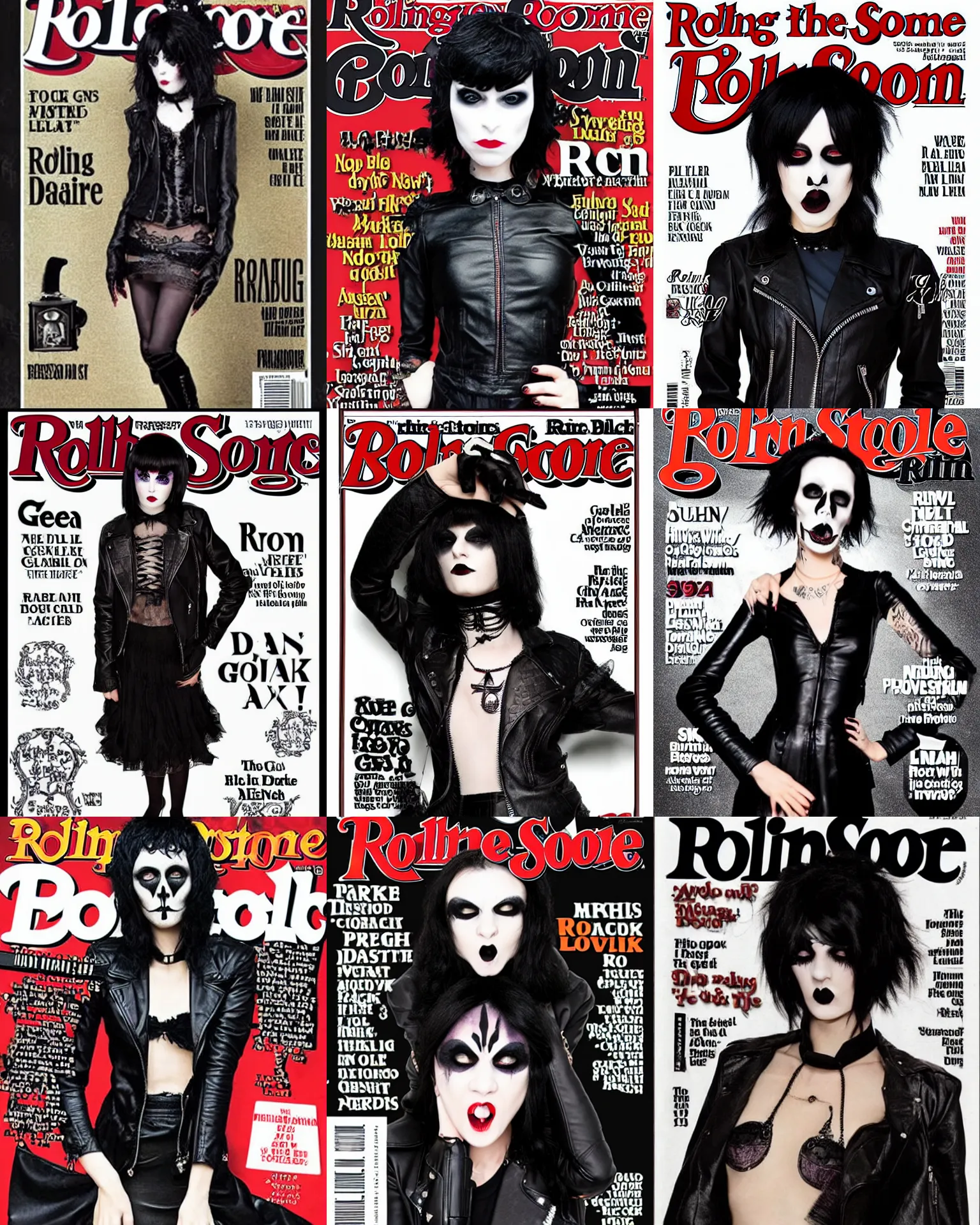 Prompt: A goth on the cover of Rolling Stone magazine. She has large evil eyes with entirely-black sclera!!!!!! Her hair is dark brown and cut into a short, messy pixie cut. She has a slightly rounded face, with a pointed chin, and a small nose. She is wearing a black leather jacket, a black knee-length skirt, a black choker, and black leather boots.