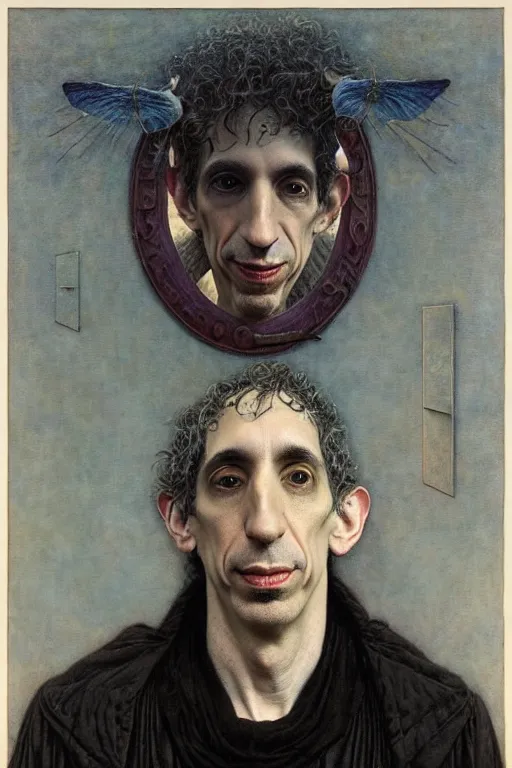 Image similar to an occult art portrait of douglas rushkoff by wayne barlowe, gustav moreau, goward,  Gaston Bussiere and roberto ferri, santiago caruso, and austin osman spare